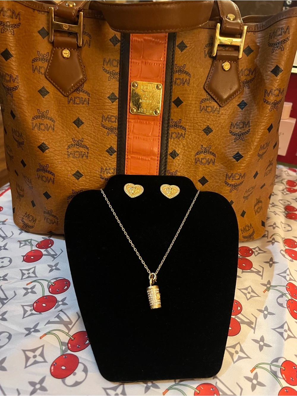 MCM Gold-Tone Heart Studs and Cylinder Pendant Necklace